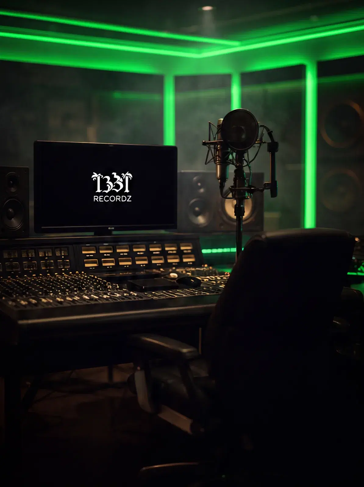 1331 Recordz control room lit in neon green, showing a monitor with the 1331 Recordz logo, a studio microphone, and the mixing console
