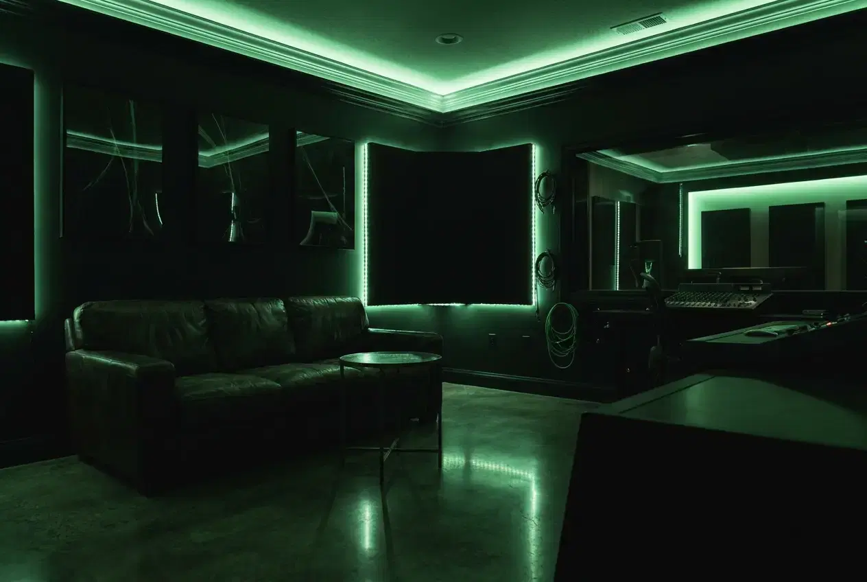1331 Recordz lounge at night, lit in neon green